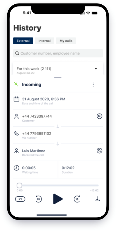 Mobile app call detail with recording playback
