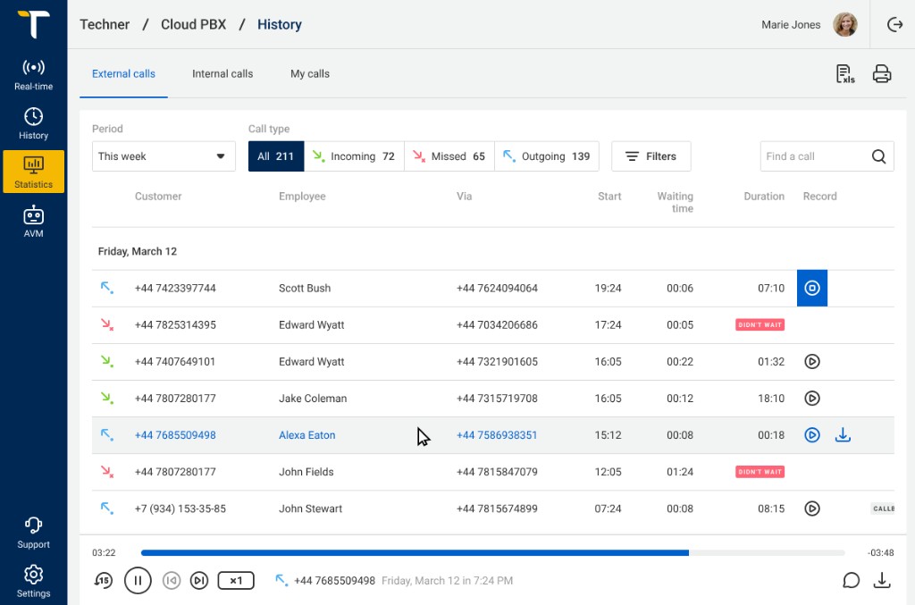 Cloud PBX call history